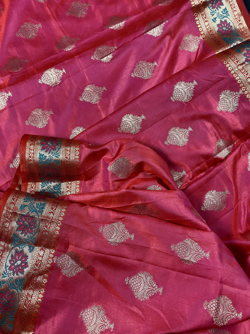 Pink Soft Silk Saree with Paithani Style Borders | Muted Gold Buttas | Zari Weave | Kaash Collection - Kaash Collection
