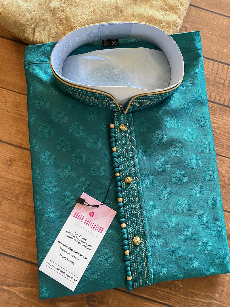 Teal Color Raw Silk Men Kurta Pajama with Self Design material with small Zari Weave butti | Mens Ethnic Wear | Kaash Collection - Kaash Collection