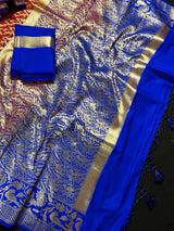 Red with Purple and Blue Color combination Banarasi Silk Shikargah Saree in Zari Weave Work | Shikargah Sarees | Kaash Collection - Kaash Collection
