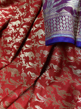 Red with Purple and Blue Color combination Banarasi Silk Shikargah Saree in Zari Weave Work | Shikargah Sarees | Kaash Collection - Kaash Collection