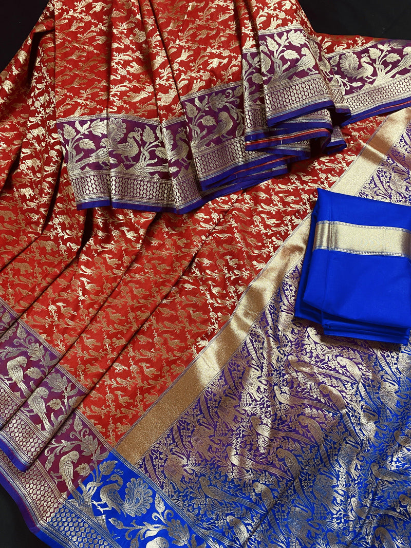 Red with Purple and Blue Color combination Banarasi Silk Shikargah Saree in Zari Weave Work | Shikargah Sarees | Kaash Collection - Kaash Collection