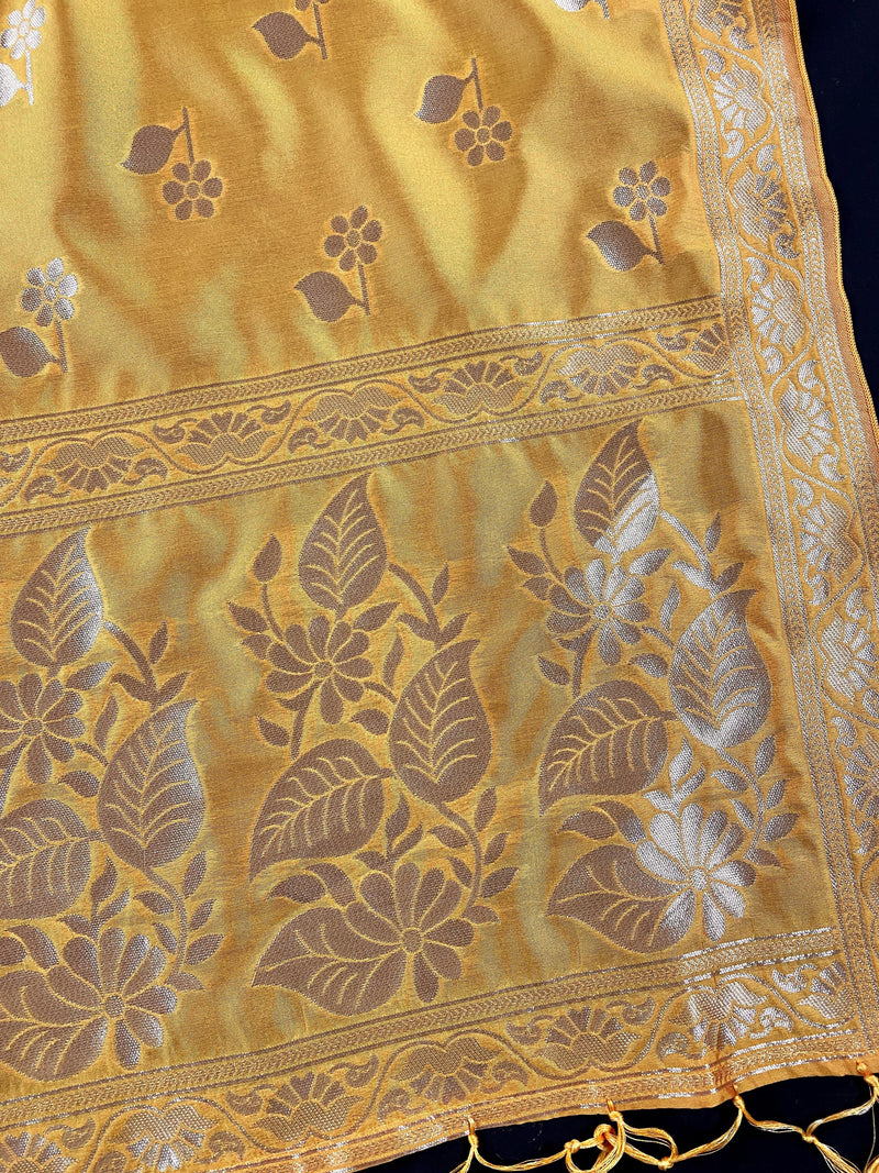Yellow Silk Floral Weaved Dupatta | Indian Dupatta | Silk Dupatta | Stole | Scarf | Gift For Her | Kaash Collection - Kaash Collection