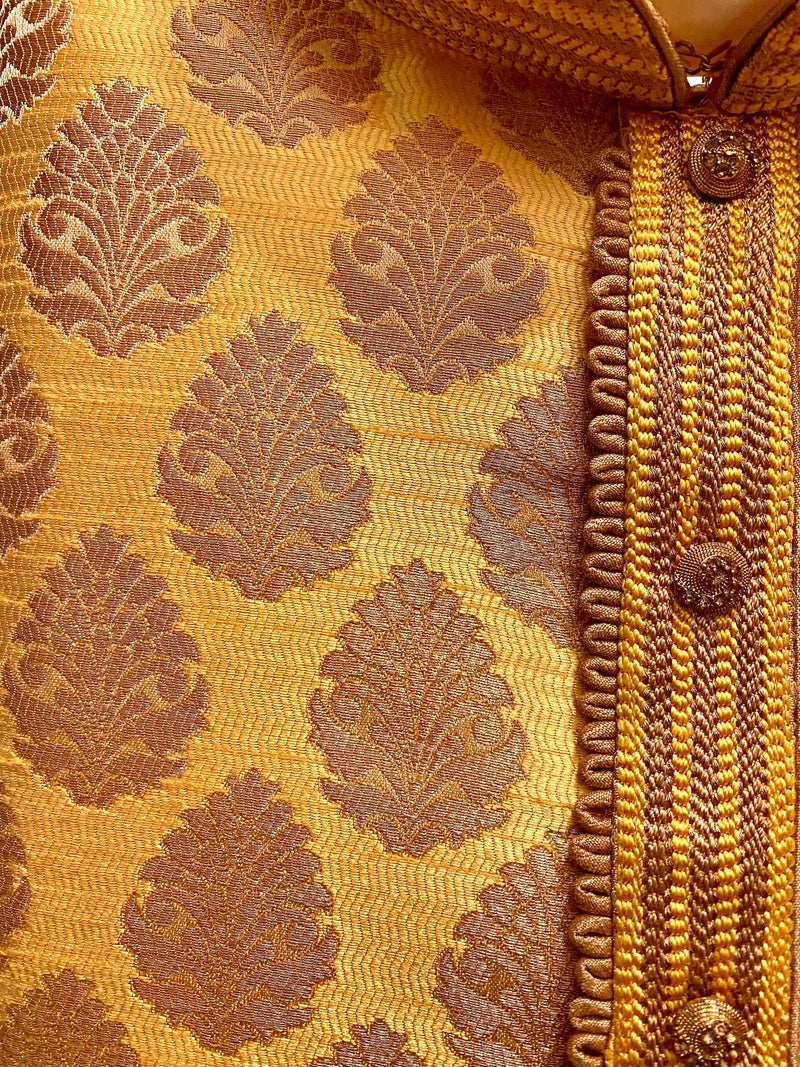 Yellow Mustard Gold Silk Men Kurta Pajama with Weave Work | Mens Ethnic Wear - Kaash Collection