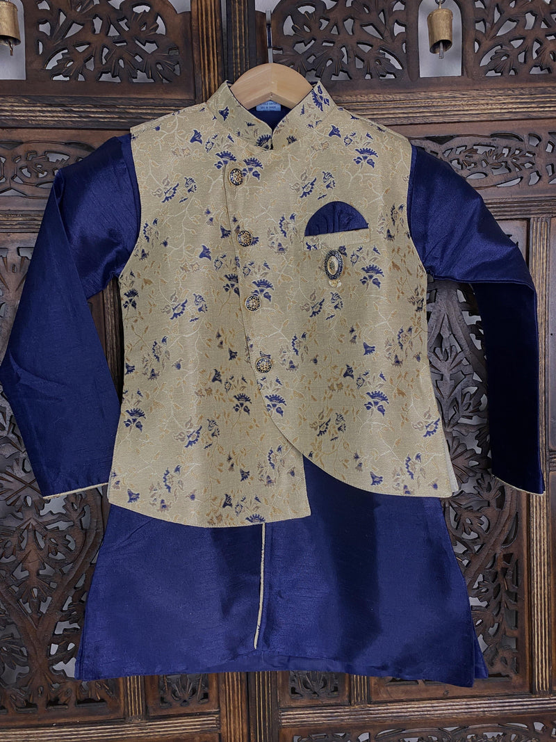 Boys 3pcs Kurta Pajama with Jacket in Floral Pattern Blue and Gold Combination | Kids Wear | | Boys Kurta Pajama | Kaash Collection - Kaash Collection