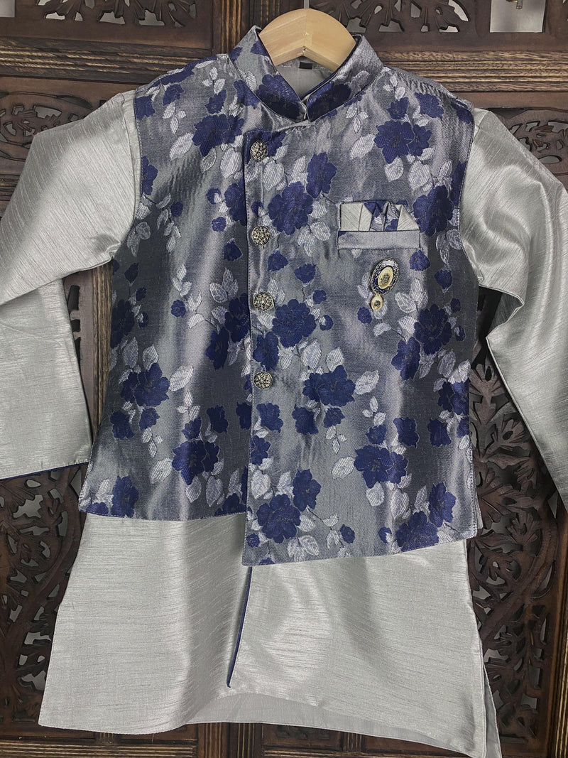 Boys 3pcs Kurta Pajama with Jacket in Floral Pattern in Sliver and Blue | Kids Wear | Boys Ethnic Wear | Boys Kurta | Kaash Collection - Kaash Collection