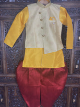 Boys 3pcs Kurta Pajama with Jacket in Floral Pattern in Yellow and Maroon | Kids Wear | Boys Ethnic Wear | Boys Kurta | Kaash Collection - Kaash Collection