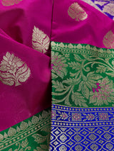 Magenta Pink with Bottle Green and Blue color combination Traditional Satin Border Banarasi Handloom Soft Silk Saree | Kaash Collection - Kaash Collection