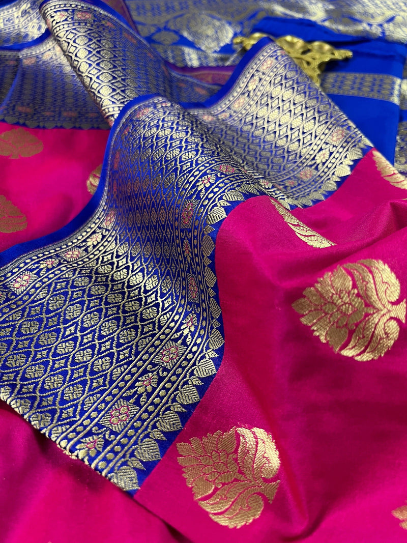 Magenta Pink with Bottle Green and Blue color combination Traditional Satin Border Banarasi Handloom Soft Silk Saree | Kaash Collection - Kaash Collection