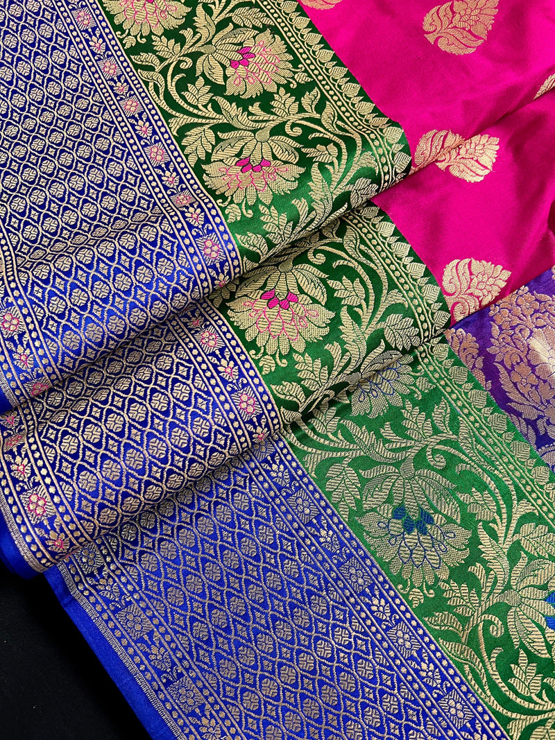 Magenta Pink with Bottle Green and Blue color combination Traditional Satin Border Banarasi Handloom Soft Silk Saree | Kaash Collection - Kaash Collection
