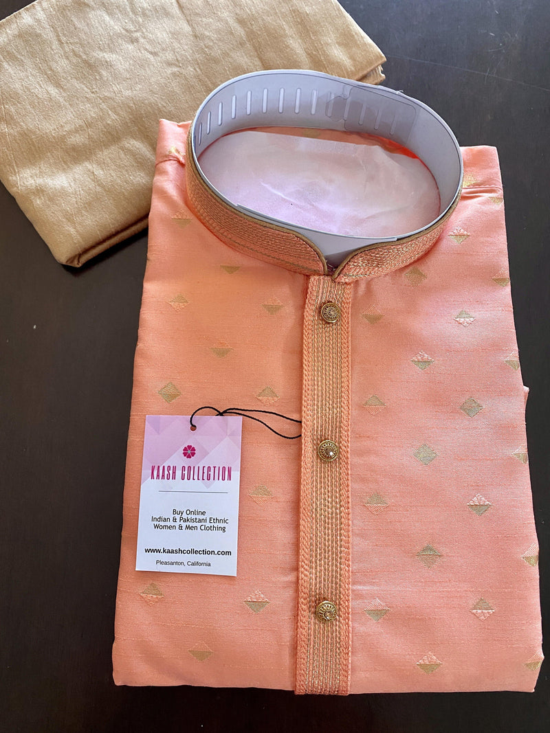 Designers Peach Silk Men Kurta Pajama Set with Zari Weave design | Mens Ethnic Wear| Indian and Pakistani Mens Wear | Kaash Collection - Kaash Collection