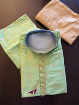 Parrot Green Men Kurta Pajama Set with Weave Work | Mens Ethnic Wear| Indian Mens Wear | Kaash Collection - Kaash Collection