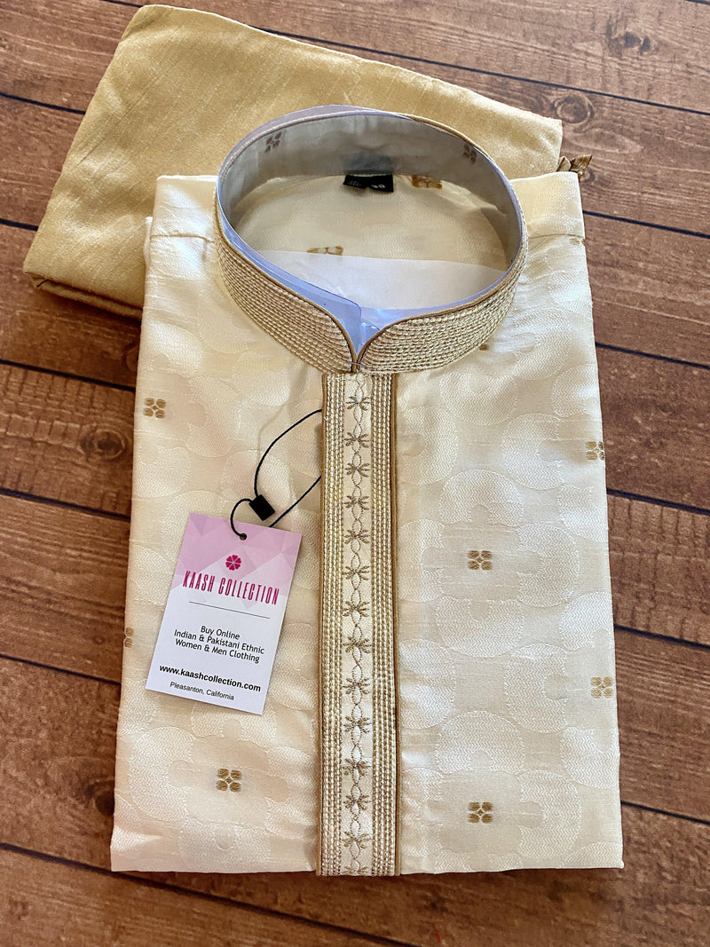 Cream Color Men Kurta Pajama Set with Embroidery work on neckline | Soft Silk Material | Indian Men Clothing USA | Kaash Collection - Kaash Collection