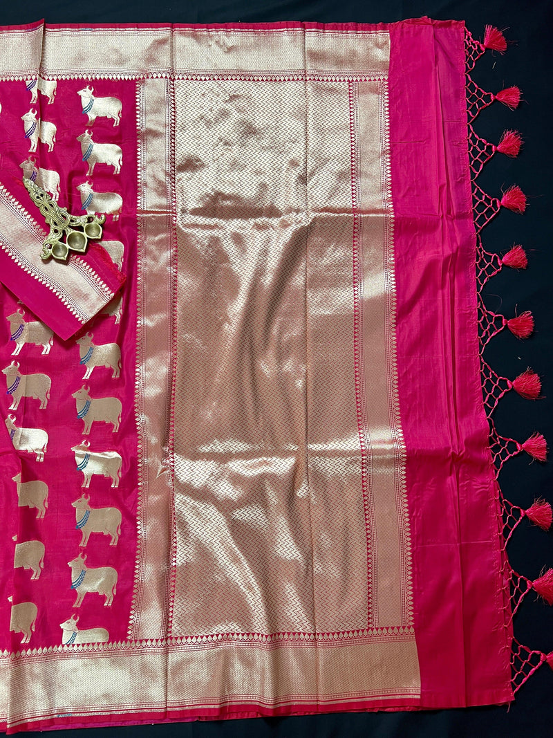 Magenta Pink Soft Banarasi Silk Saree with Nandi Motifs  | Meenakari Work with Gold Zari Weaving | Soft Silk Sarees | Kaash Collection - Kaash Collection