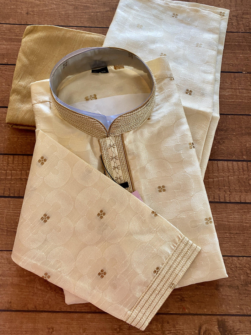 Cream Color Men Kurta Pajama Set with Embroidery work on neckline | Soft Silk Material | Indian Men Clothing USA | Kaash Collection - Kaash Collection