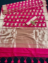 Magenta Pink Soft Banarasi Silk Saree with Nandi Motifs  | Meenakari Work with Gold Zari Weaving | Soft Silk Sarees | Kaash Collection - Kaash Collection
