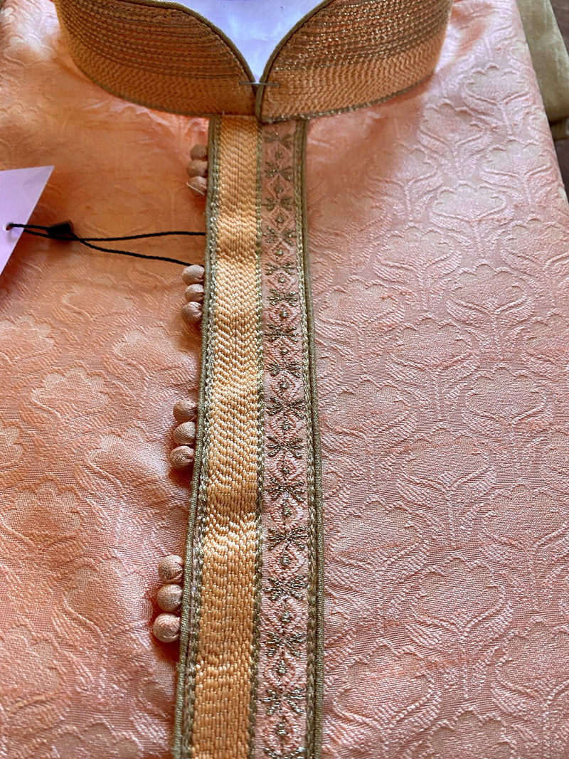 Peach Color Men Kurta Pajama Set with Embroidery work on neckline | Soft Silk Material | Indian Men Clothing USA | Kaash Collection - Kaash Collection