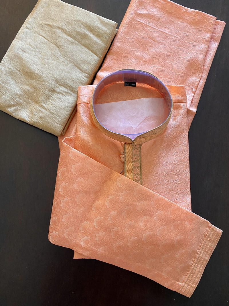 Peach Color Men Kurta Pajama Set with Embroidery work on neckline | Soft Silk Material | Indian Men Clothing USA | Kaash Collection - Kaash Collection