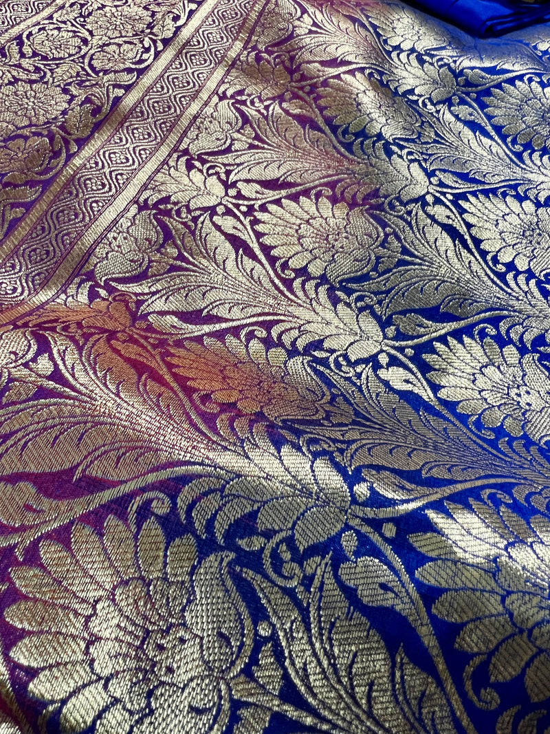 Red with Blue Pallu and Purple Border Traditional Banarasi Handloom Saree | Floral Design with Big Buttas | Kaash Collection Sarees - Kaash Collection