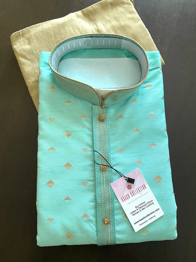 Designers Sea Blue Silk Men Kurta Pajama Set with Zari Weave | Mens Ethnic Wear| Indian and Pakistani Mens Wear - Kaash Collection