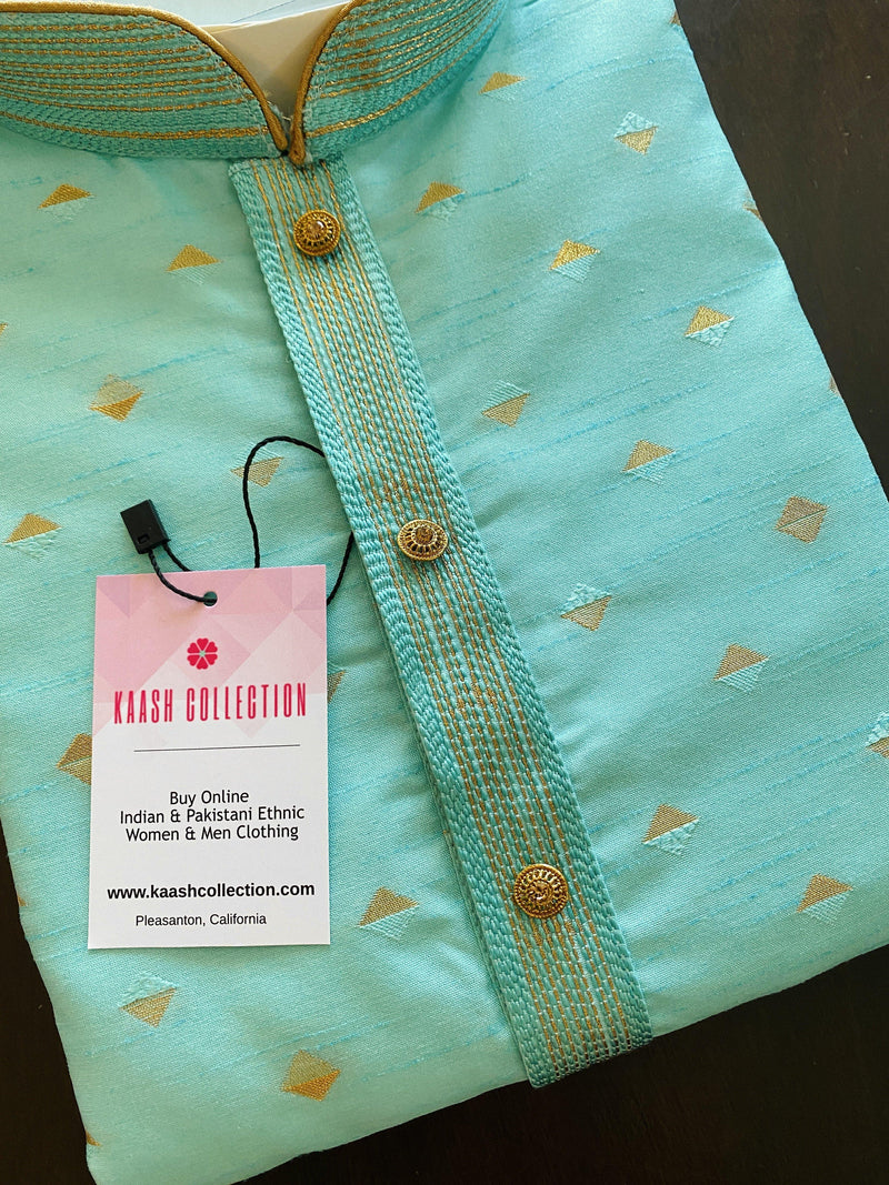 Designers Sea Blue Silk Men Kurta Pajama Set with Zari Weave | Mens Ethnic Wear| Indian and Pakistani Mens Wear - Kaash Collection