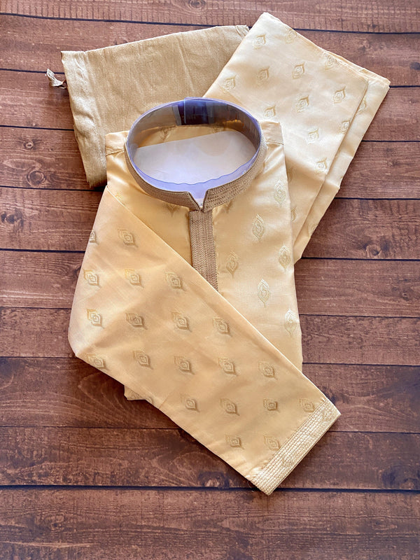 Designer Beige Gold Silk Men Kurta Pajama Set with Zari Embroidery design | Mens Ethnic Wear| Free Shipping in USA |  Kaash Collection - Kaash Collection