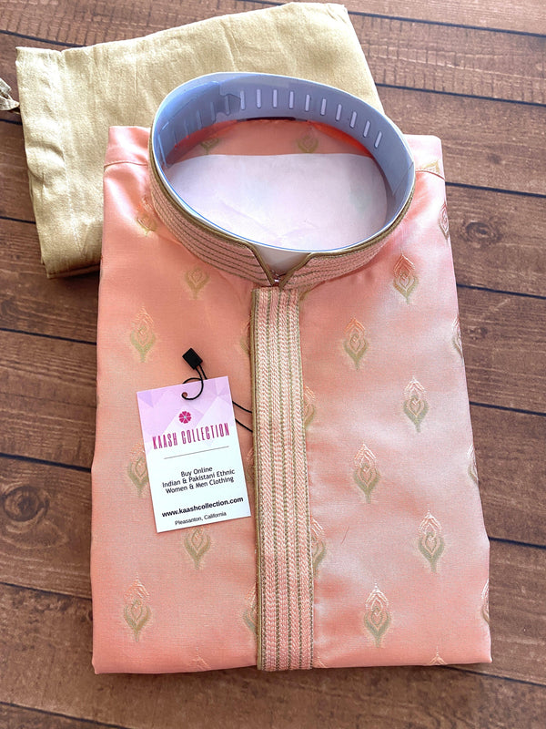Designer Peach Silk Men Kurta Pajama Set with Zari Embroidery design | Mens Ethnic Wear| Free Shipping in USA | Kaash Collection - Kaash Collection