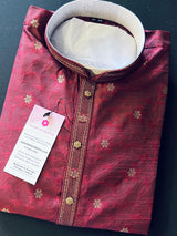 Wine Color Soft Silk Men Kurta Pajama for Men with Self Design material with small Zari Weave butti - Kaash Collection