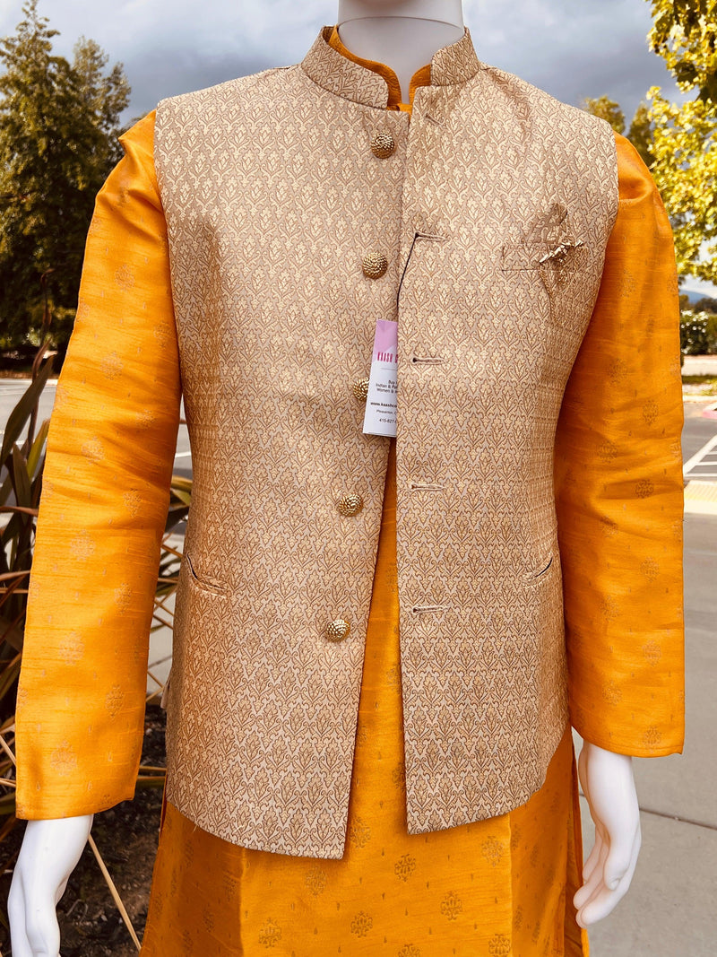 Gold Color Modi Nehru Jacket For Men | Gold color Mens Jacket | Jacket for Kurta | Gift For Him | Wedding Kurta Jackets | Kaash Collection - Kaash Collection