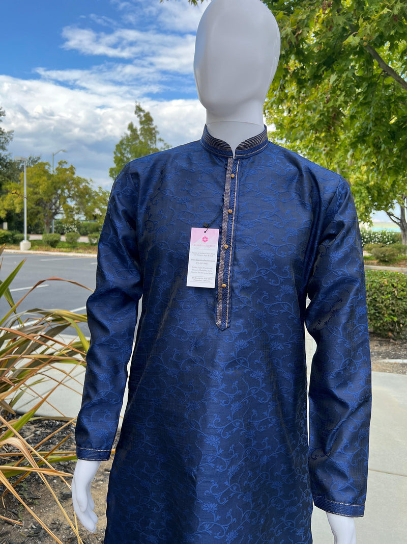 Blue Color Soft Silk Men Kurta Pajama for Men with Self Design material with small Zari Weave butti - Kaash Collection