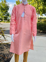 Pink Color Soft Silk Men Kurta Pajama for Men with Self Design material in Floral Pattern - Kaash Collection