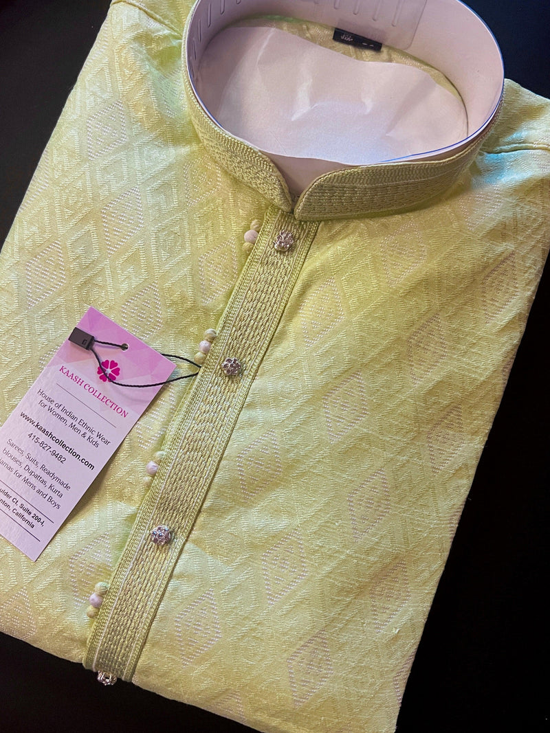 Lime Color Silk Men Kurta Pajama with Weave Work | Designer Men Kurta Pajama Set | Kurta Pajama Set in USA | Kaash Collection - Kaash Collection