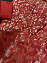 Red Color Linen Jamdani Handloom Saree with Floral Jaal | Linen Saree | Jamdani | Handloom Sarees | Gift for Her | Kaash Collection - Kaash Collection