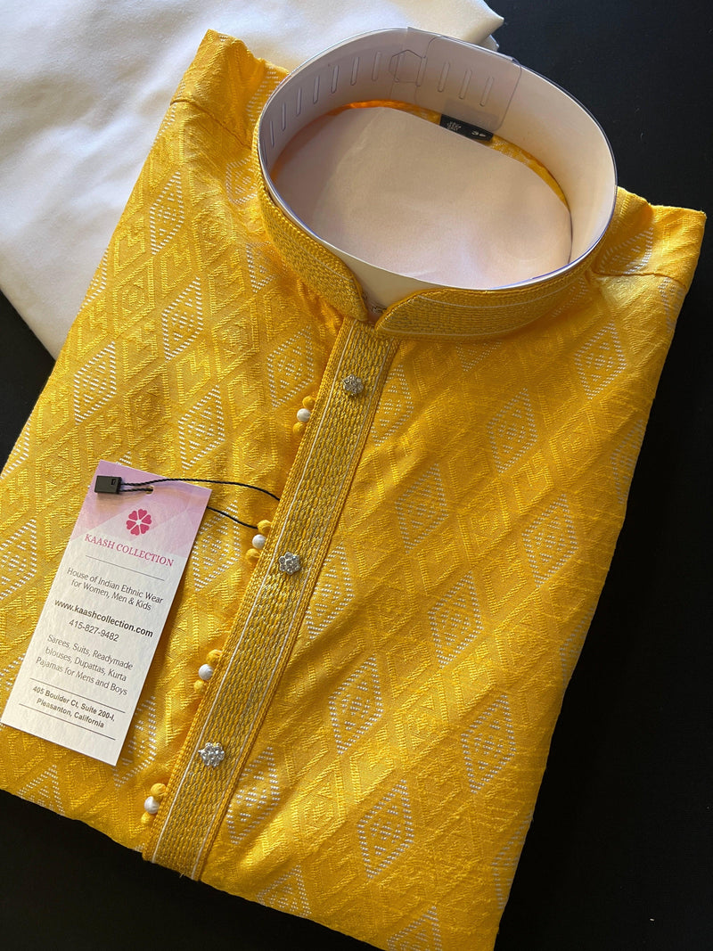 Yellow Color Silk Men Kurta Pajama with Weave Work - Kaash Collection