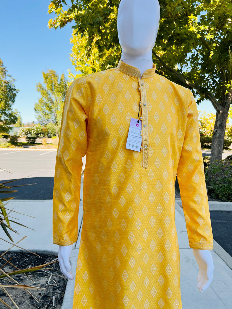 Yellow Color Silk Men Kurta Pajama with Weave Work - Kaash Collection