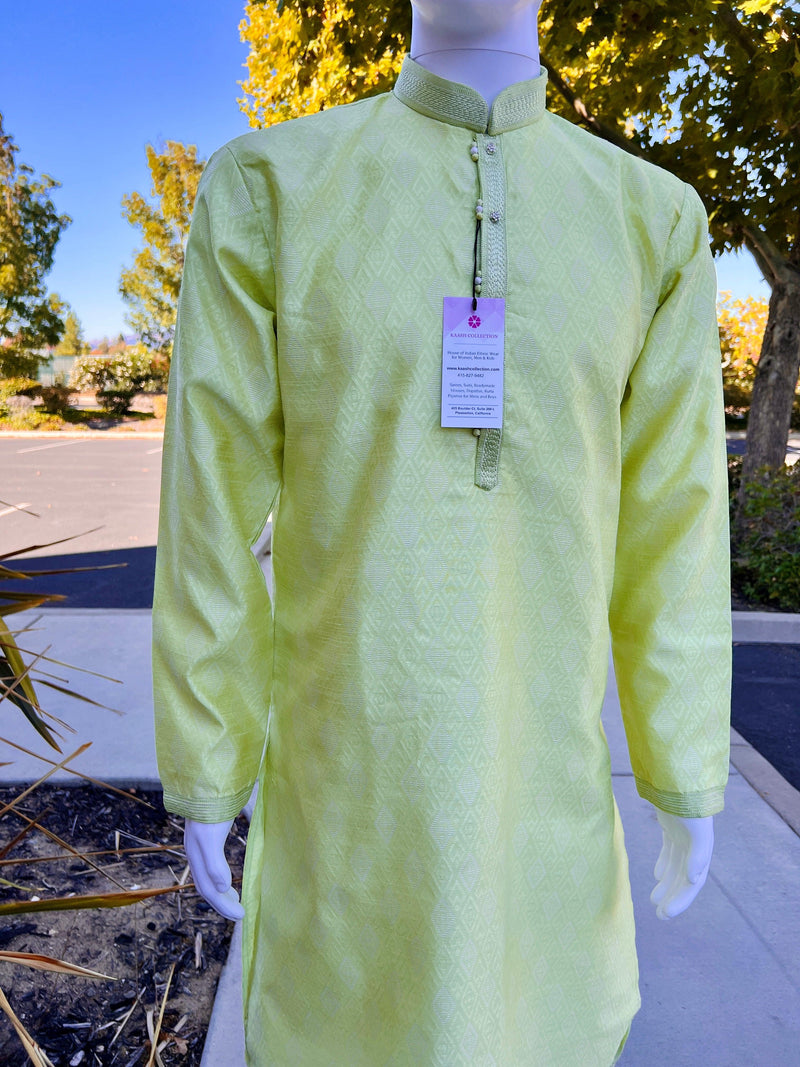 Lime Color Silk Men Kurta Pajama with Weave Work | Designer Men Kurta Pajama Set | Kurta Pajama Set in USA | Kaash Collection - Kaash Collection