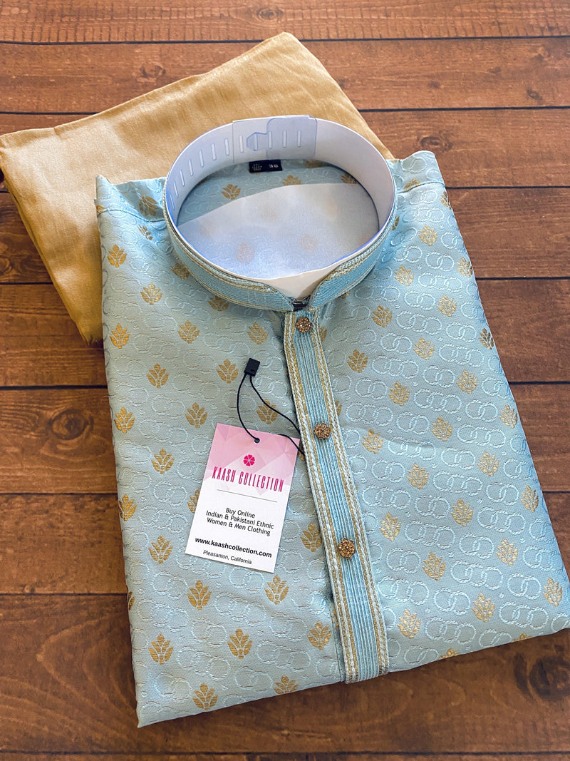 Sky Blue Men Kurta Pajama Set with Weave Work | Soft Silk Designer Men Ethnic Wear| Gift for Him - Kaash Collection