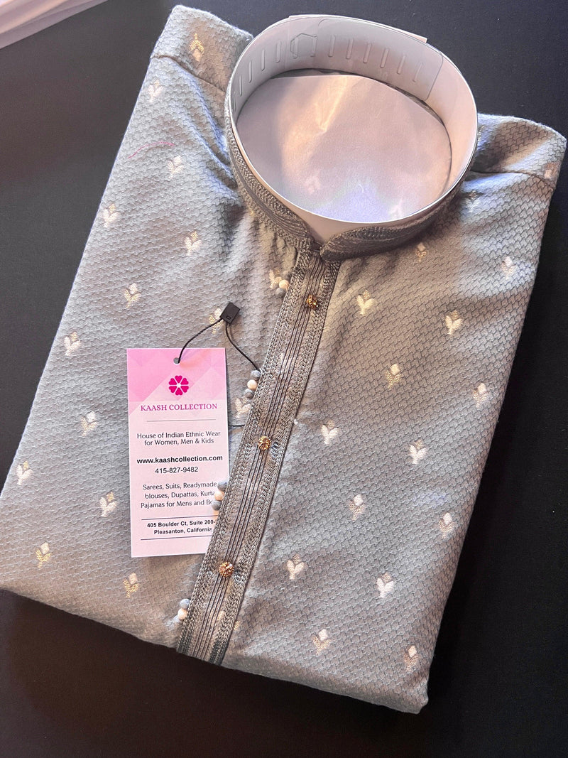 Grey Color Jute Silk Men Kurta Pajama with Weave Work | Designer Men Kurta Pajama Set | Kurta Pajama Set in USA | Kaash Collection - Kaash Collection