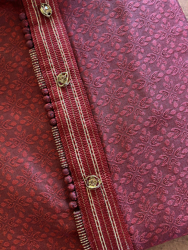 Raw Silk Maroon Men Kurta Pajama with Self Design Material | Mens Ethnic Wear | Gift For Him | Indian Clothing | Kaash Collection - Kaash Collection