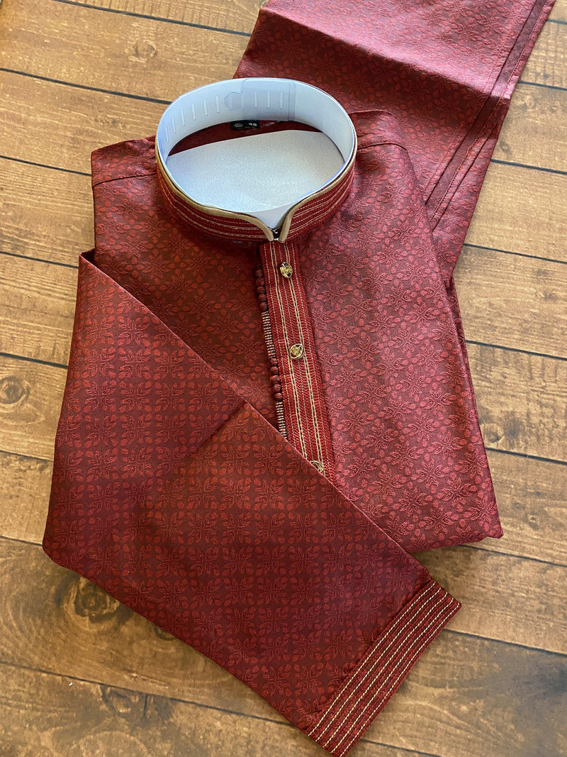 Raw Silk Maroon Men Kurta Pajama with Self Design Material | Mens Ethnic Wear | Gift For Him | Indian Clothing | Kaash Collection - Kaash Collection