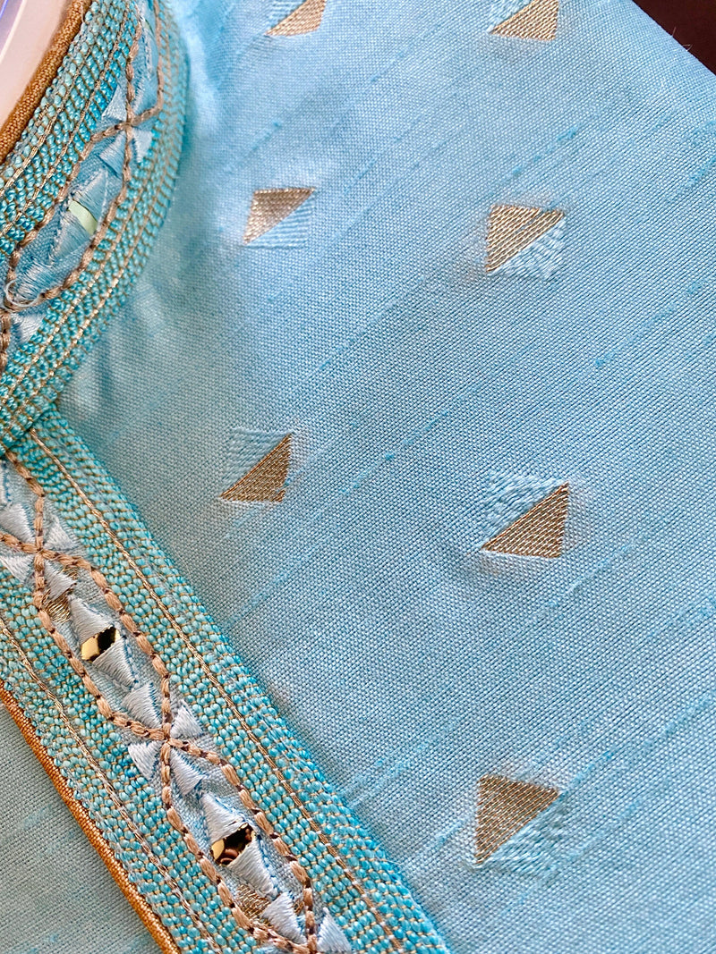 Readymade Sky Blue Color Men Kurta Pajama Set with designer pattern in Raw Silk - Kaash Collection