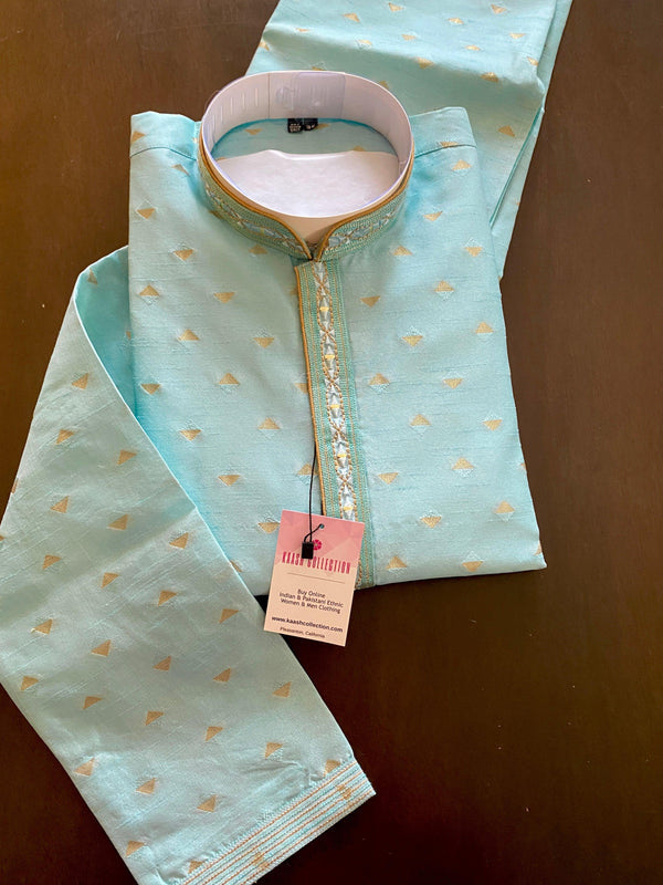Readymade Sky Blue Color Men Kurta Pajama Set with designer pattern in Raw Silk - Kaash Collection