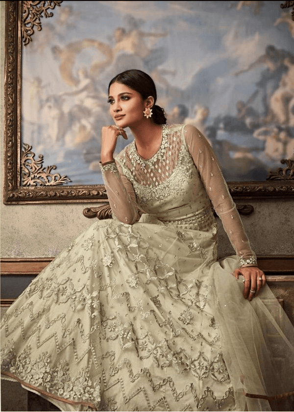 Pista Green Designer Net Embroidered Anarkali Suit Gown Style - Kaash Collection