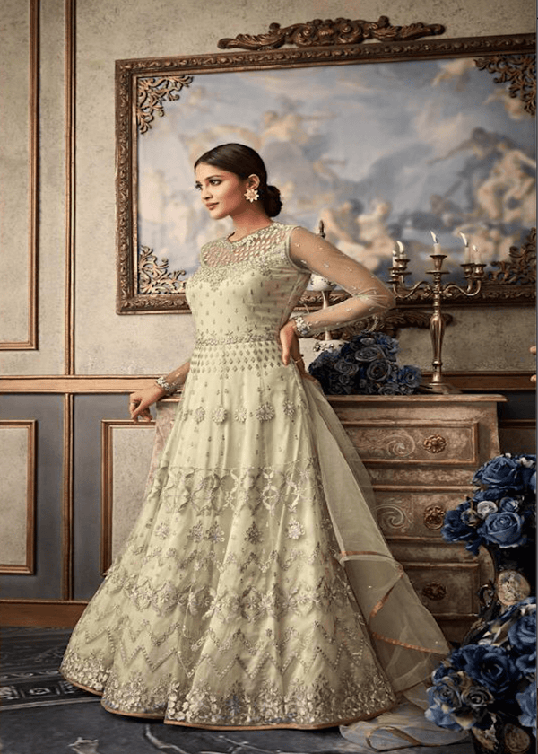 Pista Green Designer Net Embroidered Anarkali Suit Gown Style - Kaash Collection