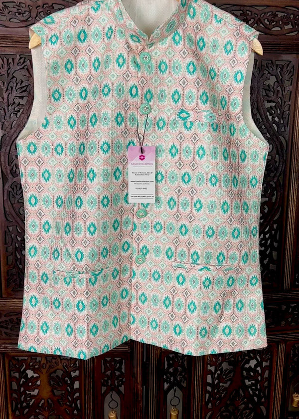 Ikkat Print Designer Multi-Color Soft Silk Jacket with Sequence Work in Teal Green | Jacket for Kurta | Groomsmen Wedding Jacket for Kurta
