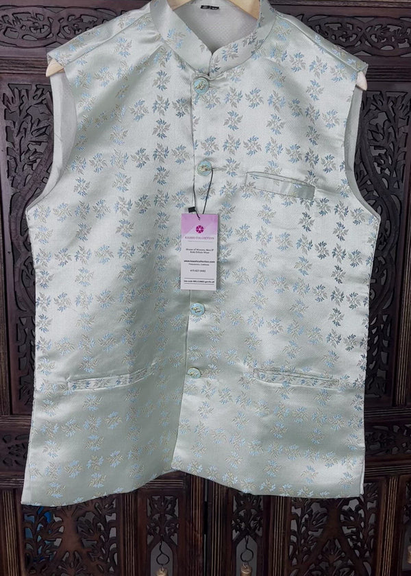 Designer Light Blue Floral Modi Jacket For Men with Embroidery and Weave Work | Jacket for Kurta | Gift For Him | Wedding Jackets for Kurta