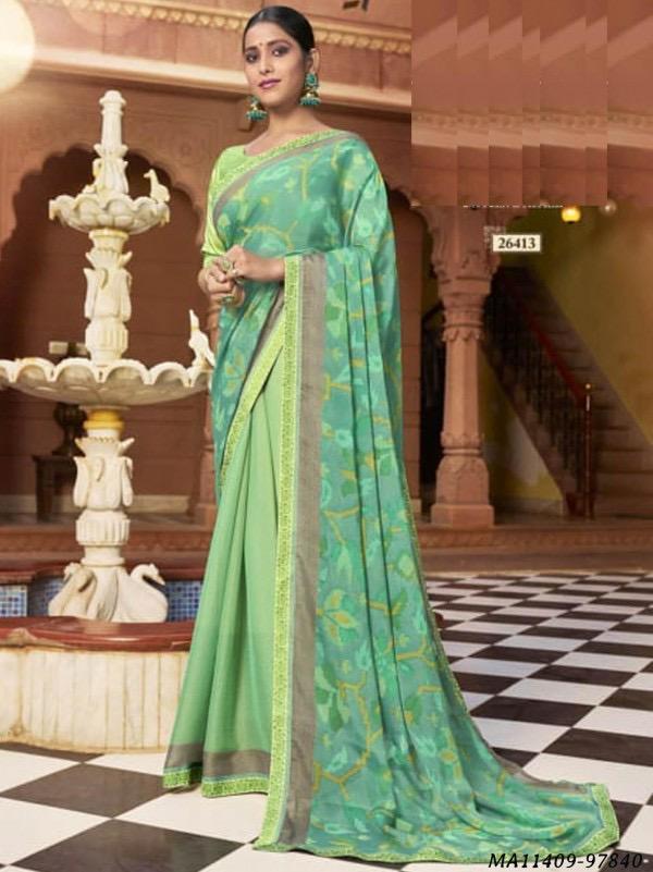 Green Color Brasoo Silk Light Weight Saree | Floral Print with Dual Tone - Kaash Collection