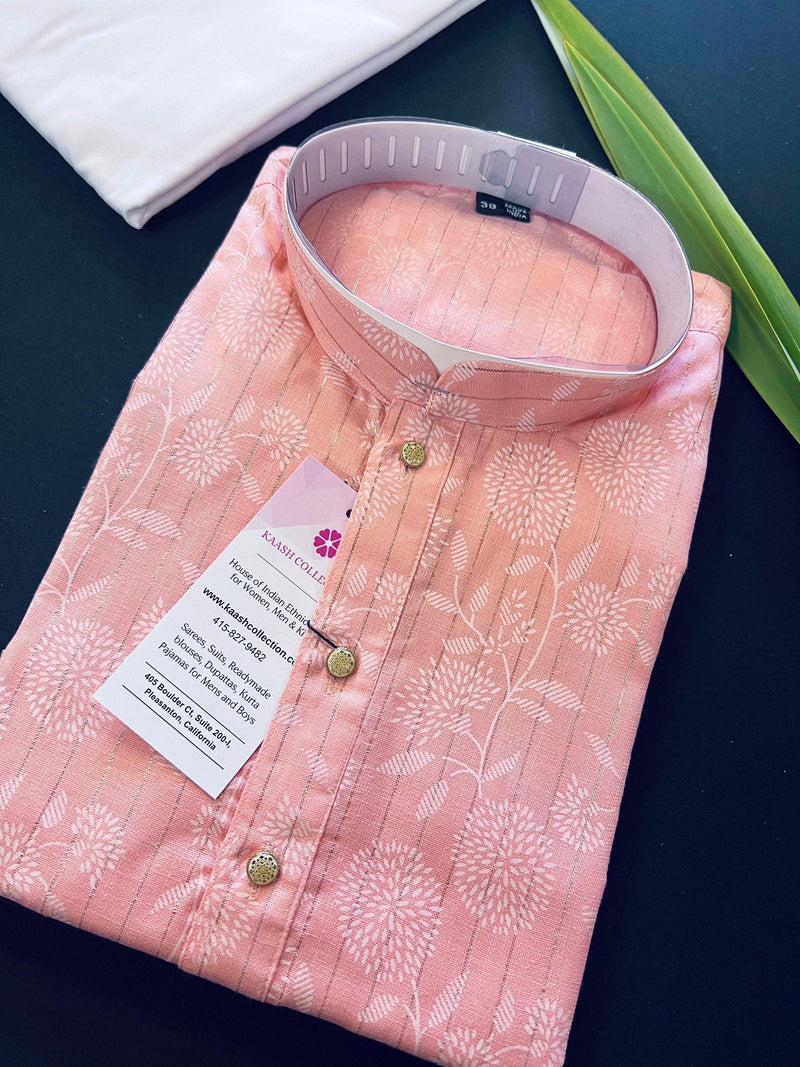 Baby Pink Color Cotton Silk Kurta with Digital Prints and Zari Stripes | Mens Kurta Pajama Set | Pink Color Kurta for Men - Kaash