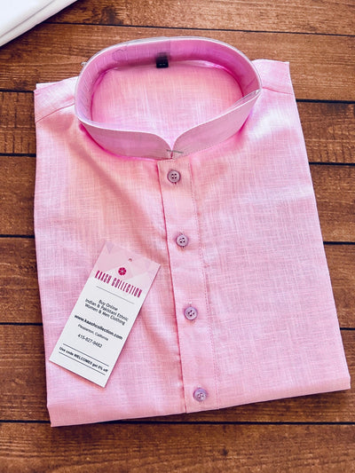 Baby Pink men's kurta pajama in linen cotton with simple summer-friendly weave — Kaash Collection