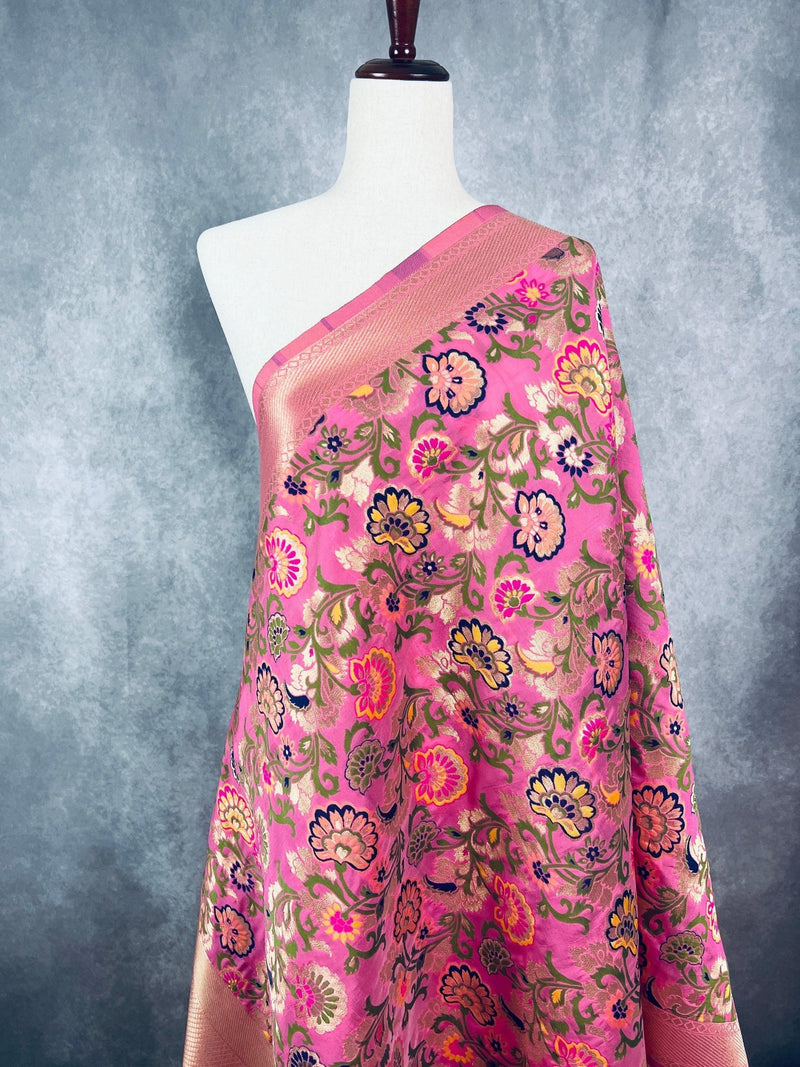 Baby Pink Paithani Semi Banarasi dupatta in banarasi semi soft silk with paithani-style floral with meenakari — Kaash Collection