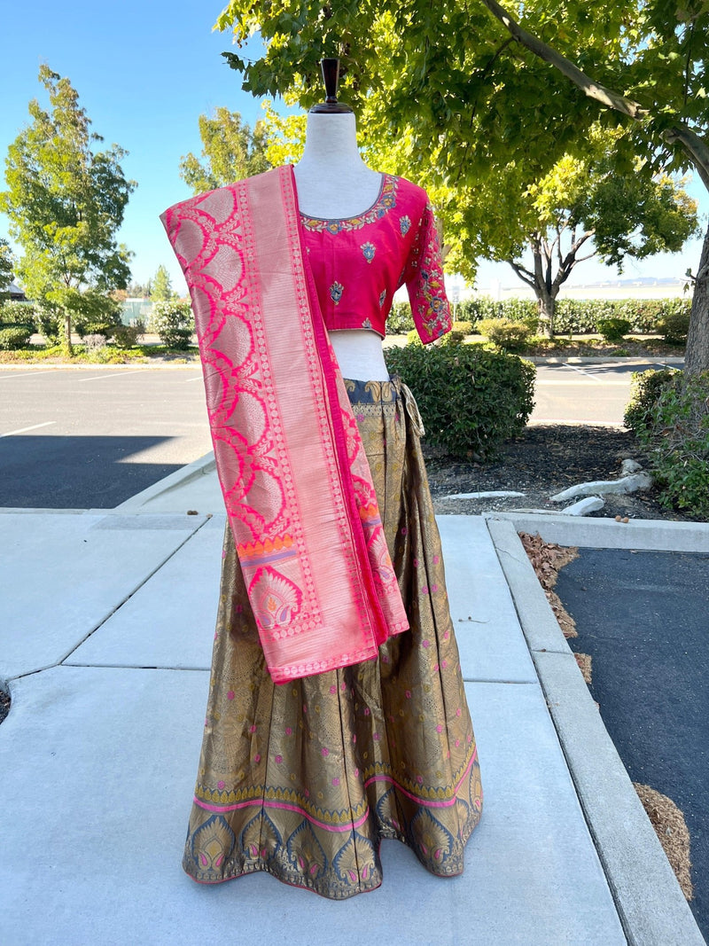 Magenta Pink & Muted Gold Brocade Lehenga 3-piece lehenga choli (choli, lehenga, dupatta) with brocade lehenga choli with embroidery — Kaash Collection